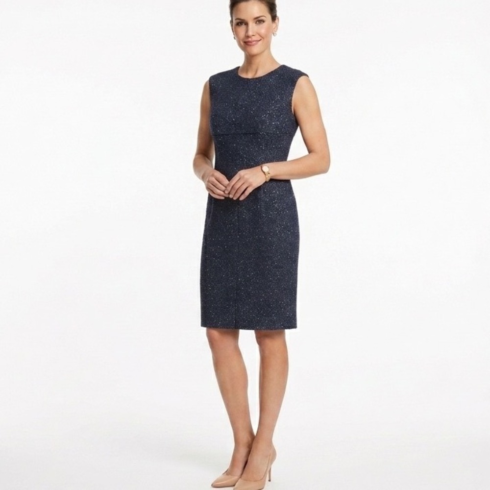 St John Sheath Dress Womens 12 Navy Blue Sequin Knit Sleeveless Gala - Picture 1 of 6